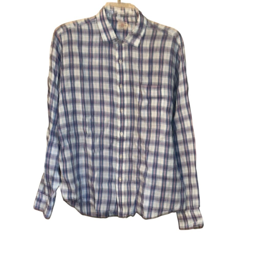 Men's Faherty Linen Long Sleeve Button Front Dress Shirt XL Plaid Casual